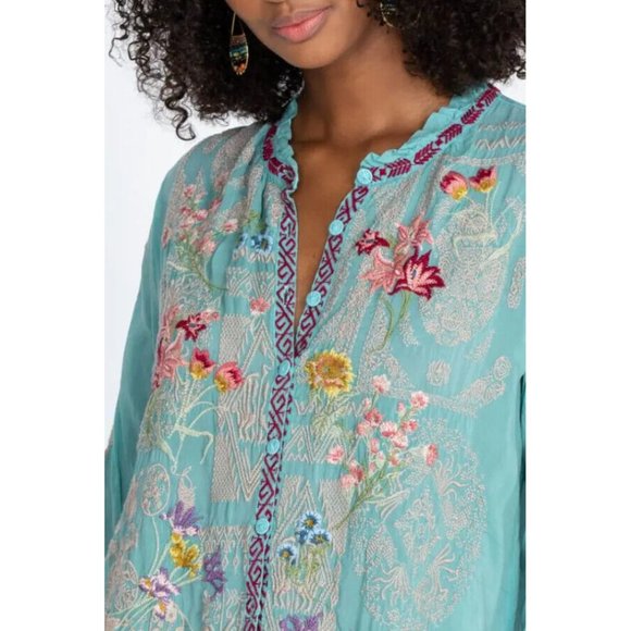 Johnny Was Allbee Blouse Marine Blue Long Shirt Flower Embroidery Top Large NEW - Picture 8 of 8